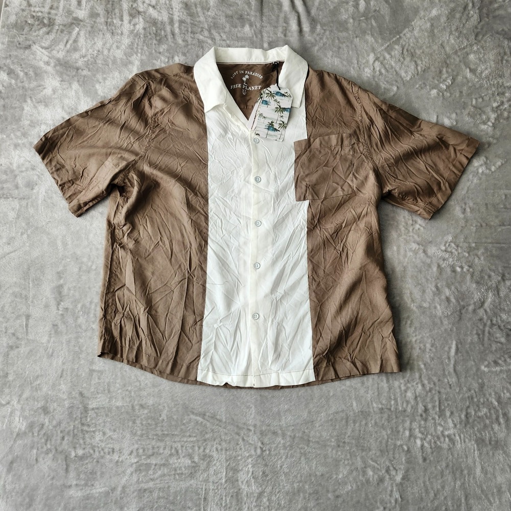 Free Planet‎ Mens Short Sleeve Camp Colorblock Shirt Size XL Olive Smoke